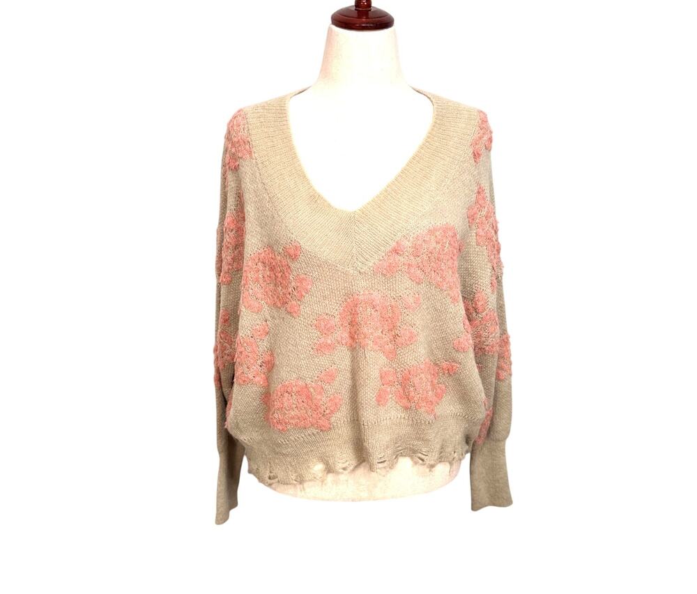 Anthropologie Lucila sweater boxy boho v neck tan pink floral distressed hem S